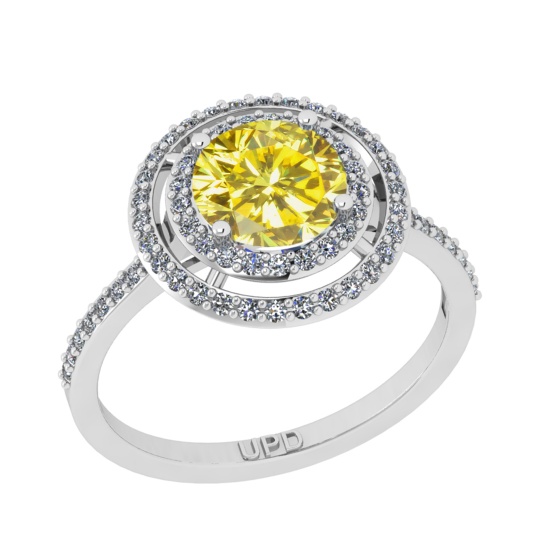 1.61 Ctw I2/I3 Treated Fancy Yellow And White Diamond 14K White Gold Engagement Halo Ring