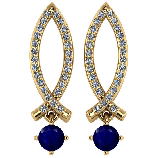 1.48 Ctw I2/I3 Blue Sapphire And Diamond 14K Yellow Gold Earrings