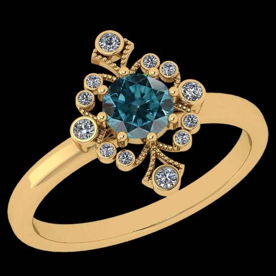 0.75 Ctw I2/I3 Treated Fancy Blue And White Diamond Set 14K Yellow Gold Vintage Engagement Halo Ring