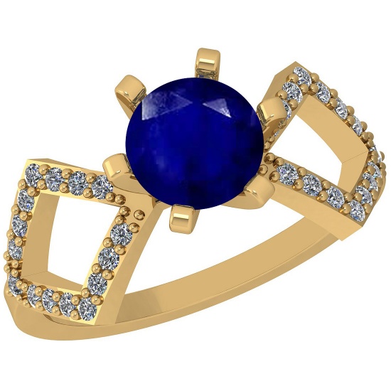 1.15 Ctw SI2/I1 Blue Sapphire And Diamond 14K Yellow Gold Ring
