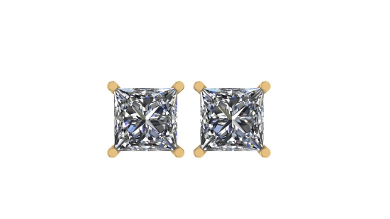 Certified 1.05 CTW Princess Diamond Stud Earrings E/SI2 In 14K Yellow Gold