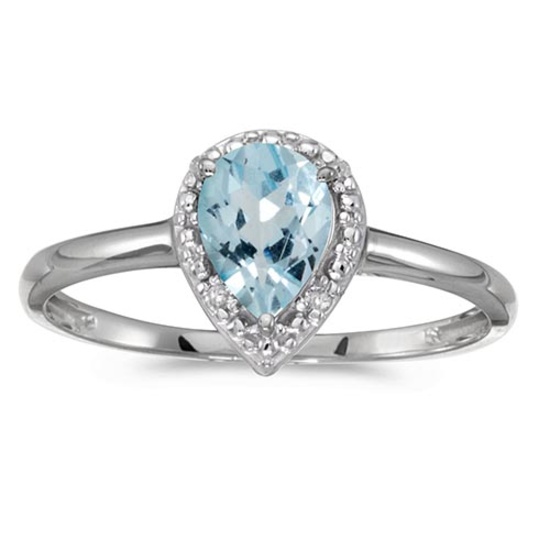 Certified 10k White Gold Pear Aquamarine And Diamond Ring