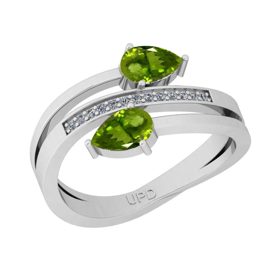 0.57 Ctw I2/I3 Peridot And Diamond 10K White Gold Bypass Style Ring