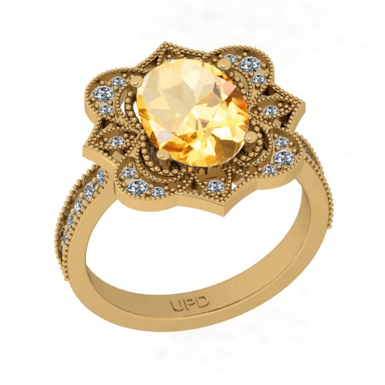 2.82 Ctw i2/i3 Citrine And Diamond 14K Yellow Gold Vintage Style Engagement Ring