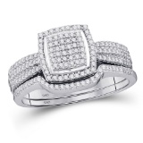 10kt White Gold Round Diamond Square Bridal Wedding Ring Band Set 1/2 Cttw