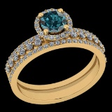 0.95 Ctw I2/I3 Treated Fancy Blue And White Diamond 14K Yellow Gold Vintage Wedding Halo Ring