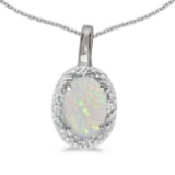 Certified 10k White Gold Oval Opal And Diamond Pendant 0.21 CTW