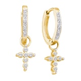 10kt Yellow Gold Womens Round Diamond Cross Dangle Hoop Earrings 1/10 Cttw