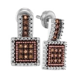 Sterling Silver Womens Round Brown Diamond Square Cluster Earrings 1/5 Cttw
