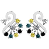 Certified 0.83 Ctw Treated Fancy Blue, Yellow, Black and White Diamond I1/I2 18K White Gold Stud Ear