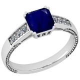 1.11 Ctw I2/I3 Blue Sapphire And Diamond 14K White Gold Vintage Style Ring