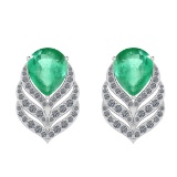 14.10 Ctw SI2/I1 Emerald And Diamond 14K White Gold Earrings