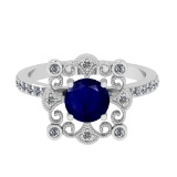 1.24 Ctw SI2/I1 Blue Sapphire And Diamond 14K White Gold Vintage Style Wedding Ring