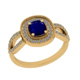 0.80 Ctw SI2/I1 Blue Sapphire And Diamond 14K Yellow Gold Vintage Style Halo Ring
