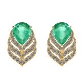 14.10 Ctw SI2/I1 Emerald And Diamond 14K Yellow Gold Earrings
