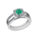 1.61 Ctw SI2/I1 Emerald And Diamond 14K White Gold Vintage Style Halo Ring