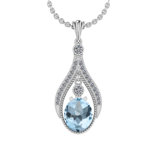2.20 Ctw I2/I3 Blue Topaz And Diamond 14K White Gold Necklace