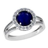 1.90 Ctw SI2/I1 Blue Sapphire And Diamond 14K White Gold Engagement Halo Ring