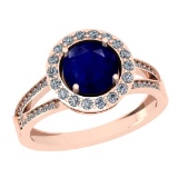 1.90 Ctw SI2/I1 Blue Sapphire And Diamond 14K Rose Gold Engagement Halo Ring