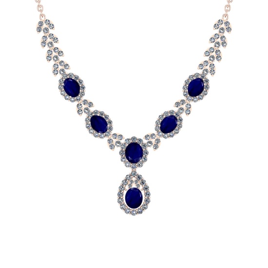 32.40 Ctw VS/SI1 Blue Sapphire And Diamond 14K Rose Gold Necklace