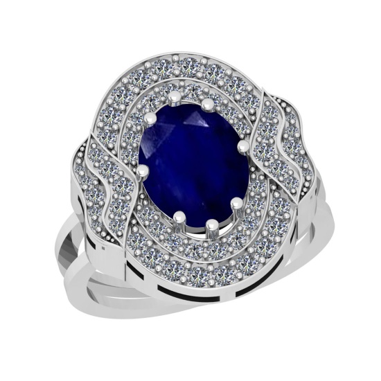 3.30 Ctw SI2/I1 Blue Sapphire And Diamond 14K White Gold Vintage Style Wedding Ring