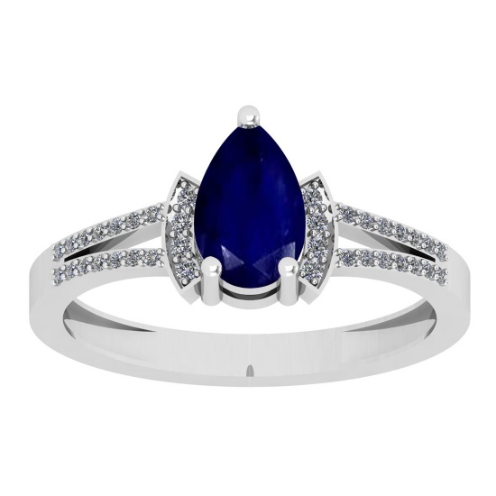 0.95 Ctw SI2/I1 Blue Sapphire And Diamond 14K White Gold Promises Ring