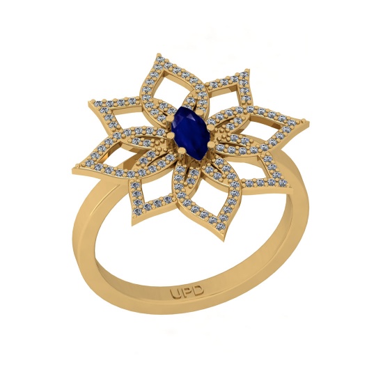 0.46 Ctw SI2/I1 Blue Sapphire And Diamond 14K Yellow Gold Flower Ring
