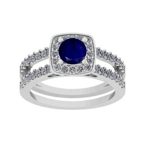 1.61 Ctw SI2/I1 Blue Sapphire And Diamond 14K White Gold Vintage Style Halo Ring