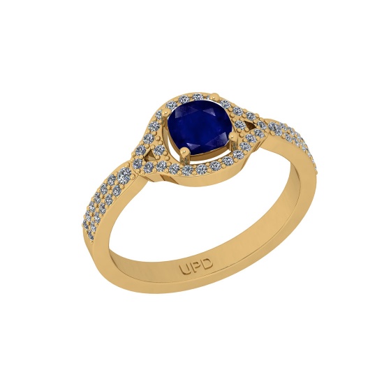 0.75 Ctw SI2/I1 Blue Sapphire And Diamond 14K Yellow Gold Engagement Halo Ring