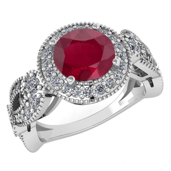 1.90 Ctw Ruby And Diamond Wedding/Engagement 14K White Gold Halo Ring
