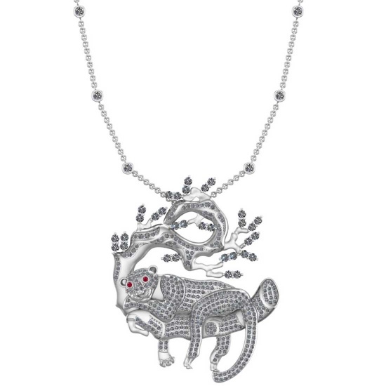 2.98 Ctw VS/SI1 Ruby And Diamond 18K White Gold Tree Lion Necklace ALL DIAMOND ARE LAB GROWN