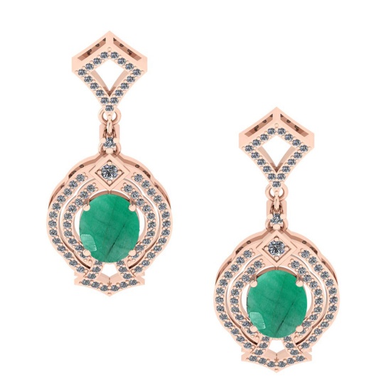 6.20 Ctw VS/SI1 Emerald And Diamond 14K Rose Gold Dangling Earrings