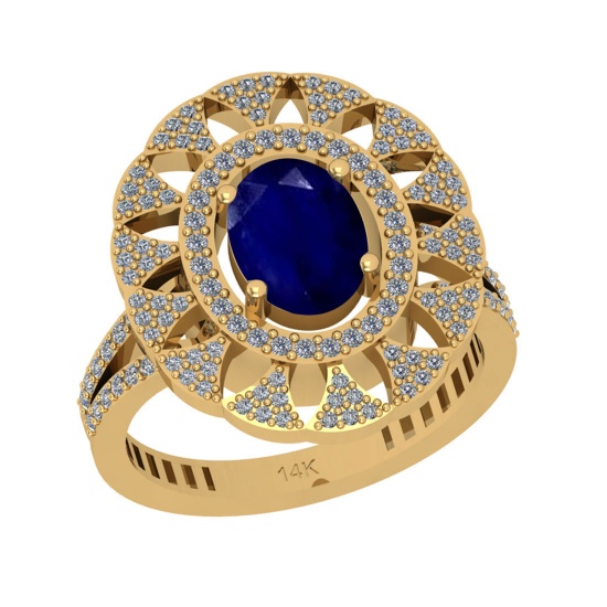 1.75 CtwSI2/I1 Blue Sapphire And Diamond 14K Yellow Gold Halo Ring