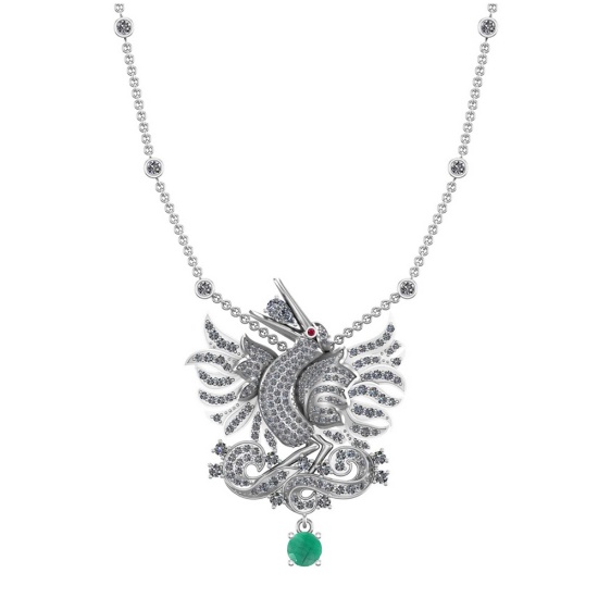 3.30 Ctw VS/SI1 Emerald And Diamond 14K White Gold Bird Pendant Necklace