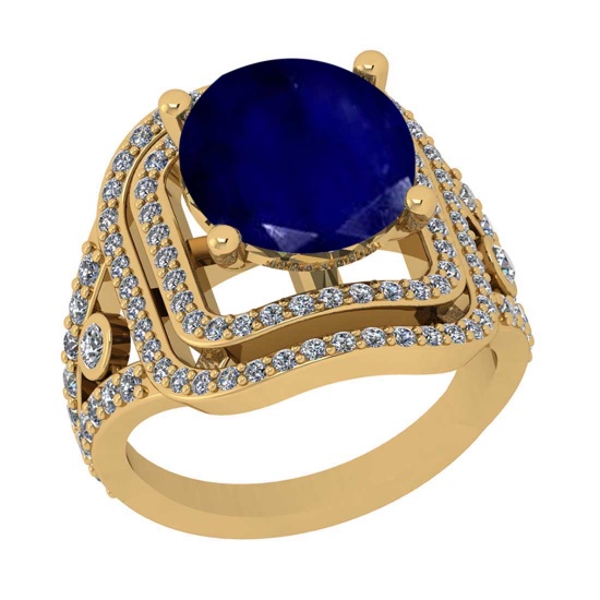 6.59 Ctw VS/SI1 Blue Sapphire And Diamond 14K Yellow Gold Vintage Style Filigree Ring
