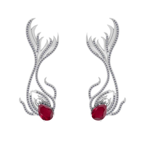 6.47 CtwVS/SI1 Ruby And Diamond 14K White Gold Dangling Earrings( ALL DIAMOND ARE LAB GROWN )