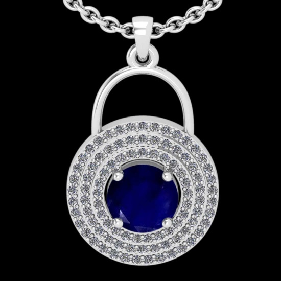1.96 Ctw VS/SI1 Blue sapphire and Diamond 14K White Gold necklace (ALL DIAMOND ARE LAB GROWN )