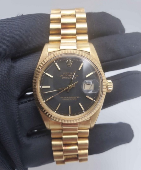 LIKE NEW CUSTOM 36MM FULL 18KT GOLD ROLEX 'BLACK DIAL' COMES WITH BOX & APPRAISAL