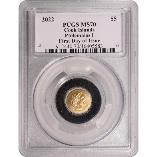 Cook Islands $5 Gold 2022 Ancient Greek Collection--Ptolemaios I MS70 PCGS