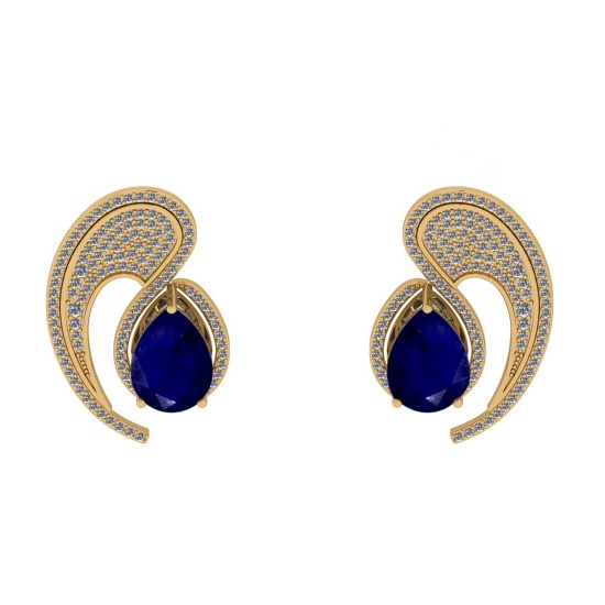 8.25 CtwVS/SI1 Blue Sapphire And Diamond 14K Yellow Gold Stud Earrings ( ALL DIAMOND ARE LAB GROWN )