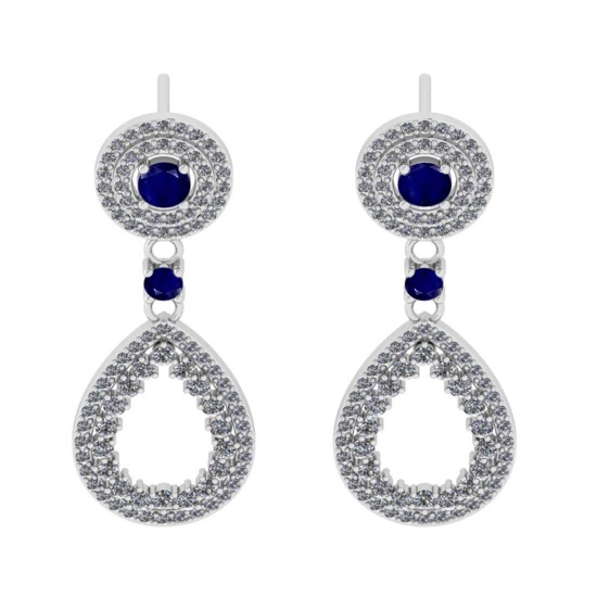 1.71 Ctw VS/SI1 blue Sapphire and Diamond 14K White Gold Dangling Earrings (ALL DIAMOND ARE LAB GROW