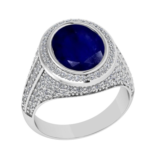 4.70 Ctw VS/SI1 Blue Sapphire and Diamond Prong Set 14K White Gold Engagement Ring (ALL DIAMOND ARE