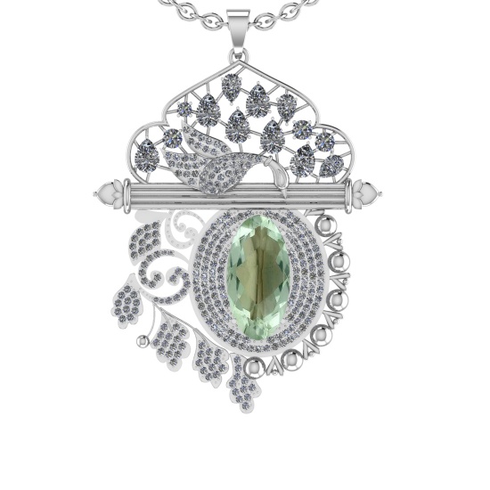 22.47 Ctw I2/I3 Green Amethyst And Diamond 10K White Gold Necklace(ALL DIAMOND ARE LAB GROWN )
