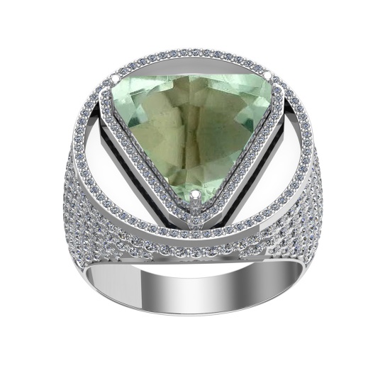 16.55 Ctw VS/SI1 Green Amethyst and Diamond 14K White Gold Engagement Ring (ALL DIAMOND ARE LAB GROW