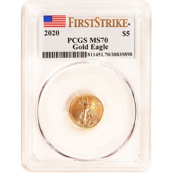 Certified American $5 Gold Eagle 2020 MS70 PCGS First Strike