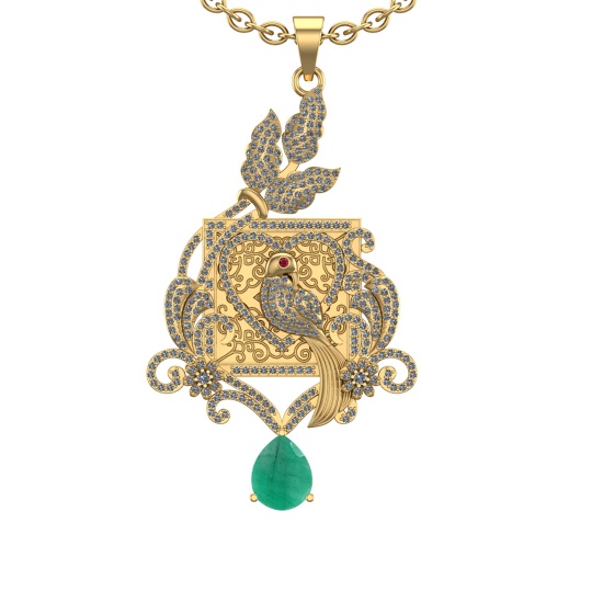 4.41 Ctw VS/SI1 Emerald and Diamond Prong Set 14K Yellow Gold Pendant (ALL DIAMOND ARE LAB GROWN) (A