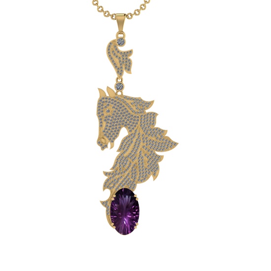 25.49 Ctw VS/SI1 Amethyst and Diamond Prong Set 14k Yellow Gold Pendant (ALL DIAMOND ARE LAB GROWN )