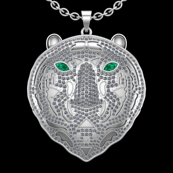 5.97 Ctw VS/SI1 Emerald and Diamond Style 14K White Gold Aminal theme Pendant (ALL DIAMONDS ARE LAB