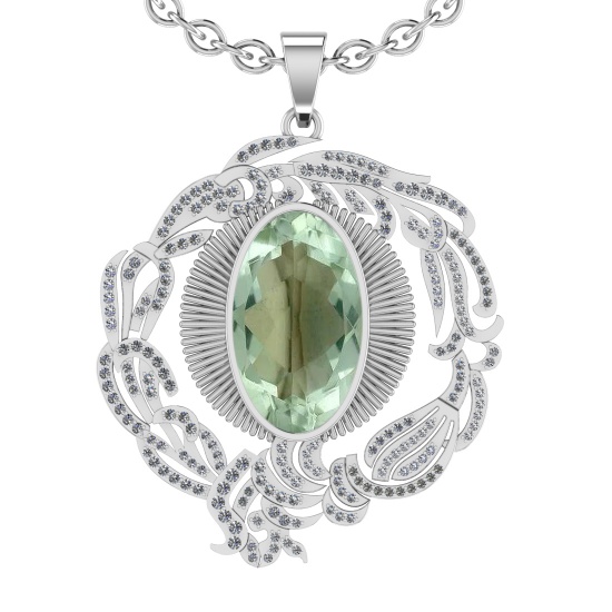 22.03 Ctw I2/I3 Green Amethyst And Diamond 10K White Gold Necklace(ALL DIAMOND ARE LAB GROWN )