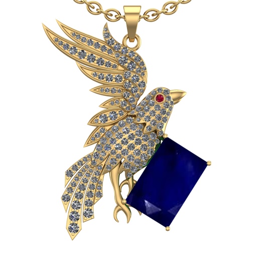 9.27 Ctw VS/SI1 Blue Sapphire and Diamond 14K Yellow Gold Pendant (ALL DIAMOND ARE LAB GROWN)